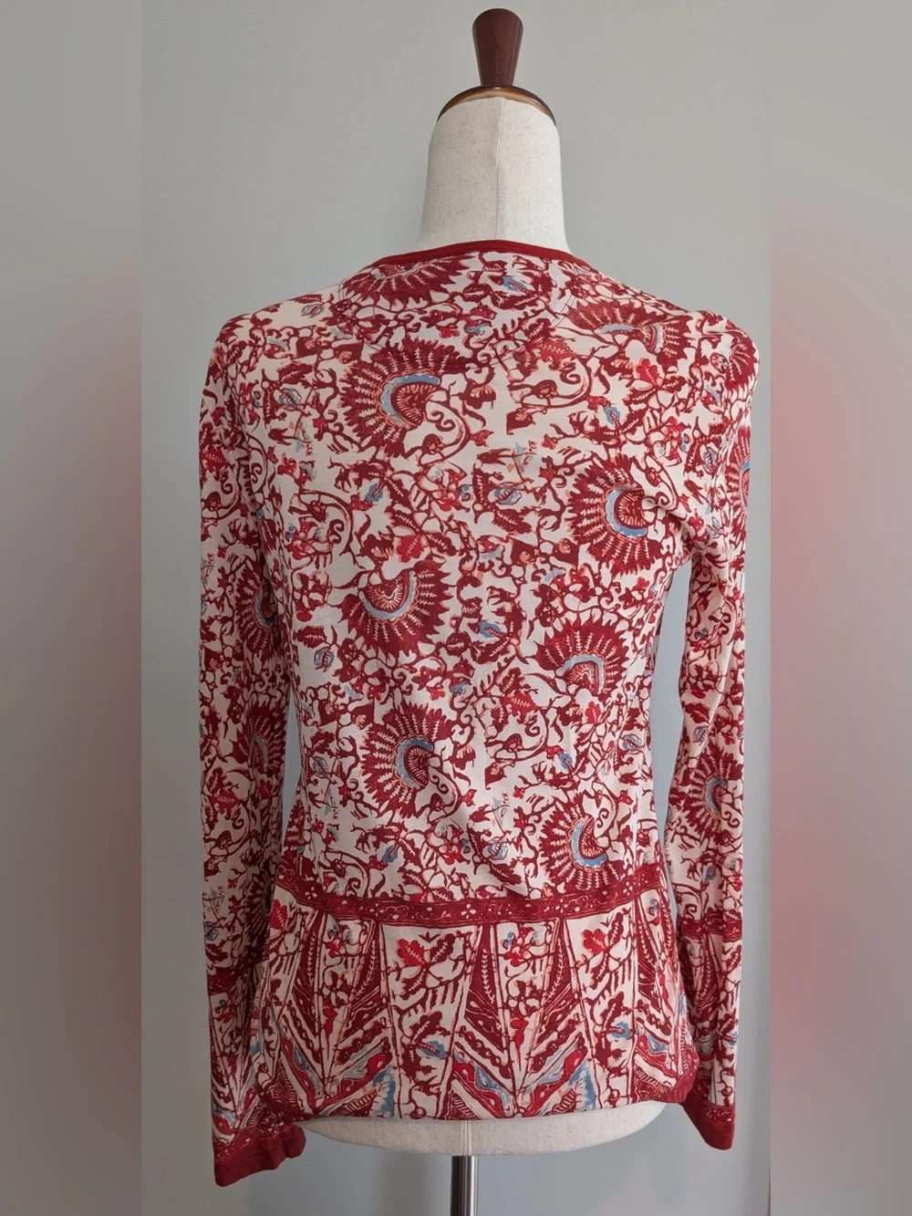 Tory Burch Long Sleeve Floral Print Crew Neck Pima Cotton Top Red Multi Size XS